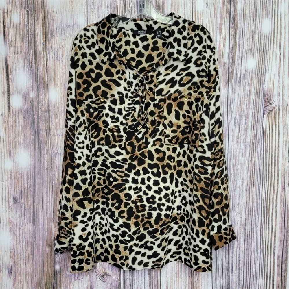 Dennis Basso Leopard Print Woven Lacing Blouse Size 4 New